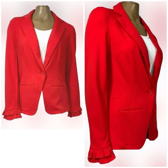 SOHO New Red 🌹 ❤️Blazer Long Sleeves w/Beautiful Feminine Ruffles At Wrist SZ L - Picture 1 of 9